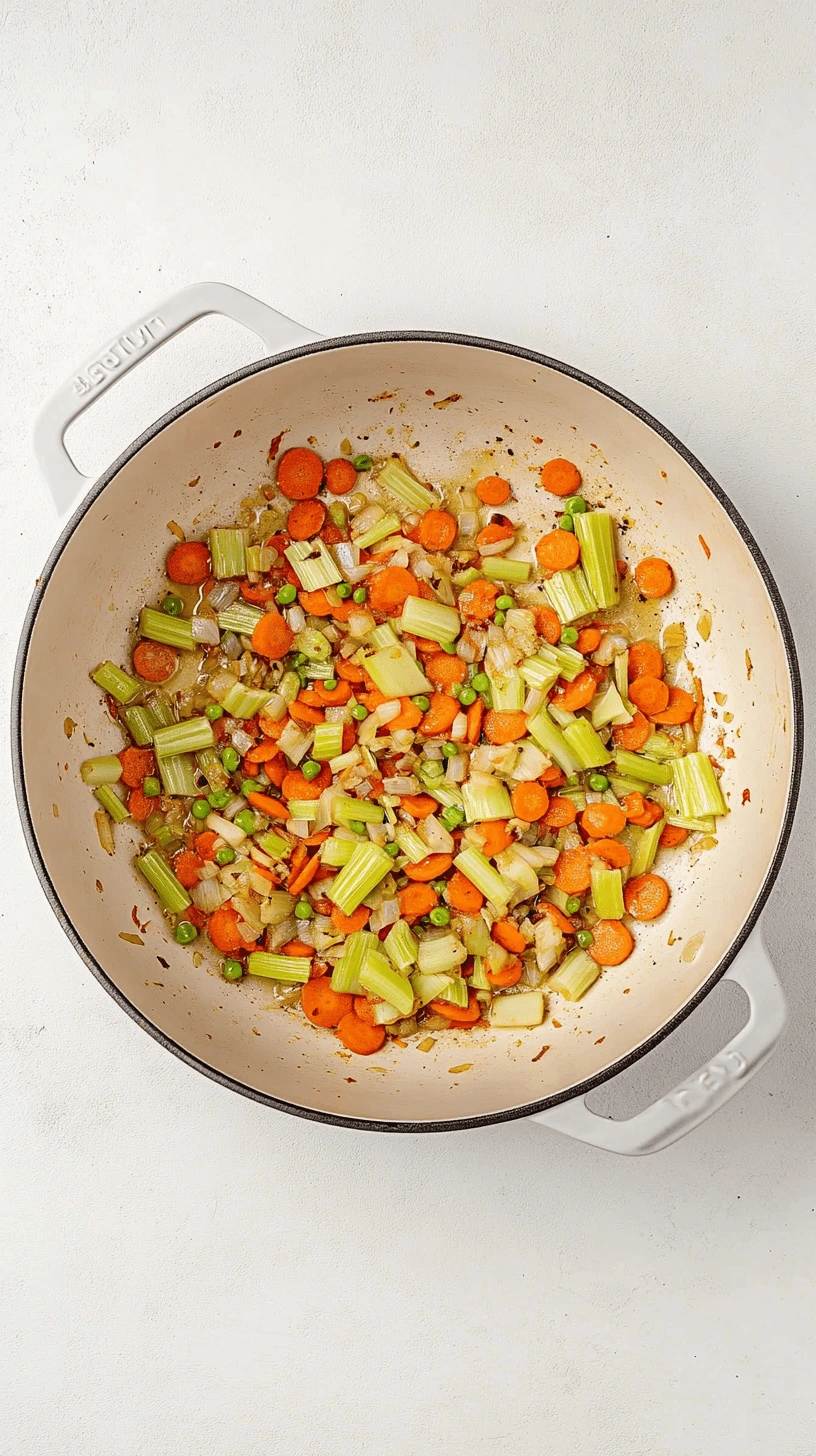 Sautéed carrots, celery, peas, and onions in a cream-colored Dutch oven