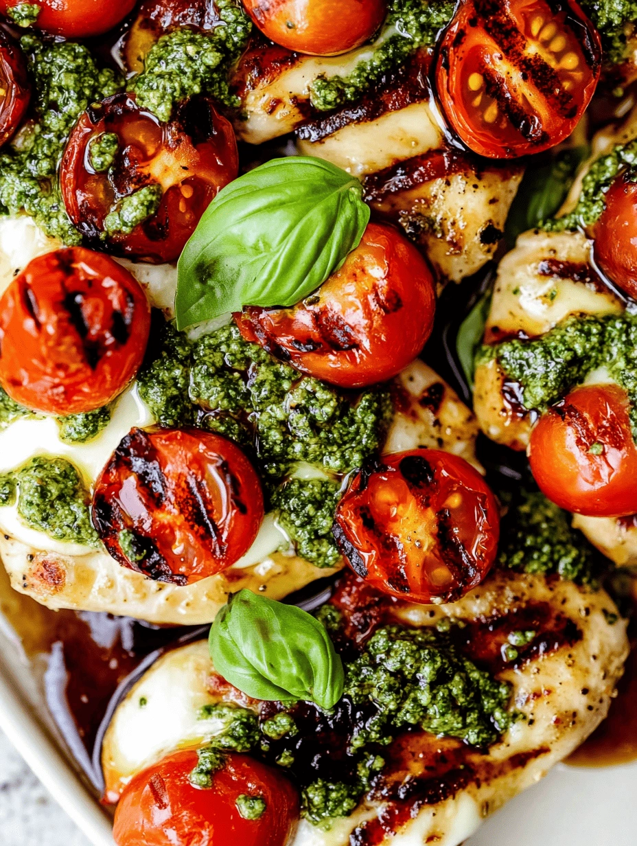 Grilled chicken breasts with melted mozzarella, basil pesto, charred cherry tomatoes, and fresh basil leaves on a serving platter.
