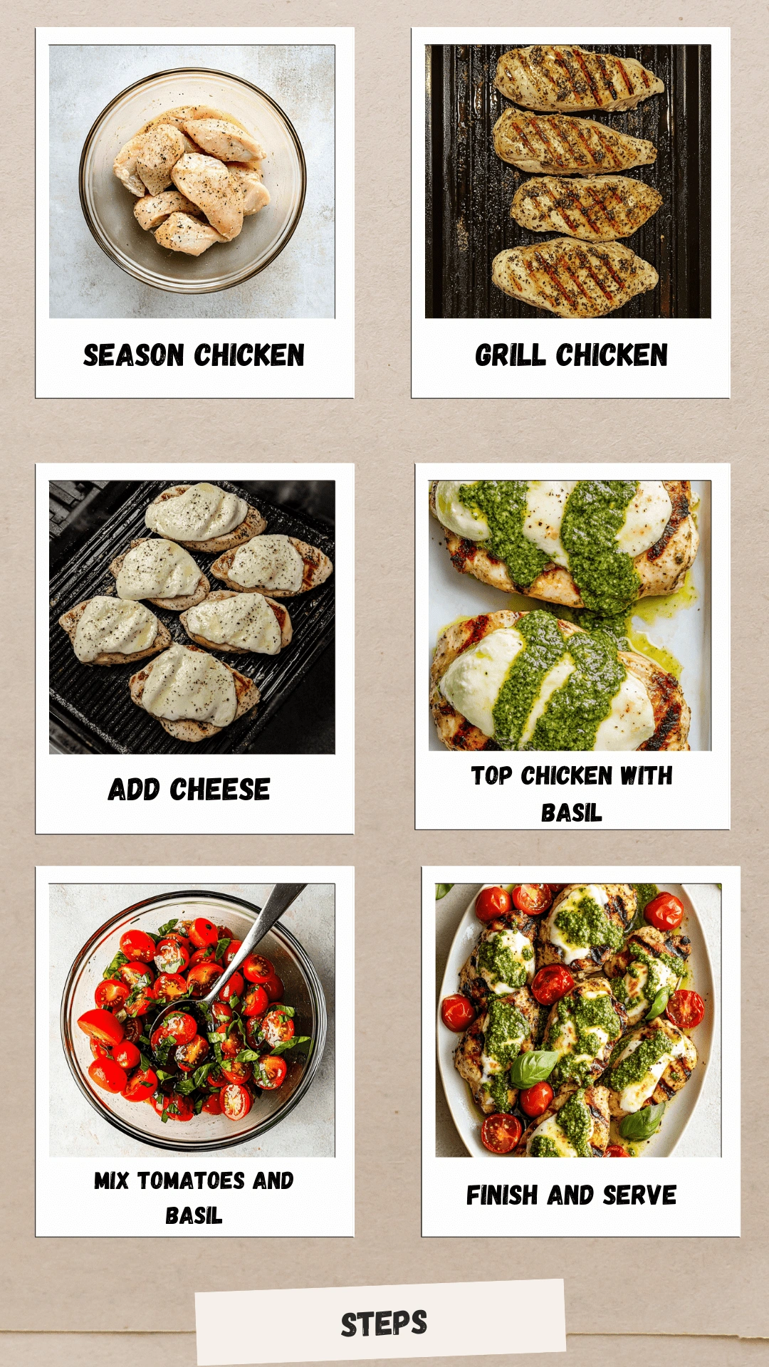 Step-by-step photo collage of Grilled Chicken Margherita recipe: seasoning raw chicken, grilling, adding mozzarella, topping with pesto, mixing tomatoes and basil, and final plated dish.