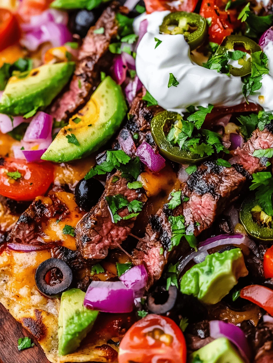 Close-up of grilled steak nachos with melted cheese, avocado, sour cream, jalapeños, red onion, and cherry tomatoes.