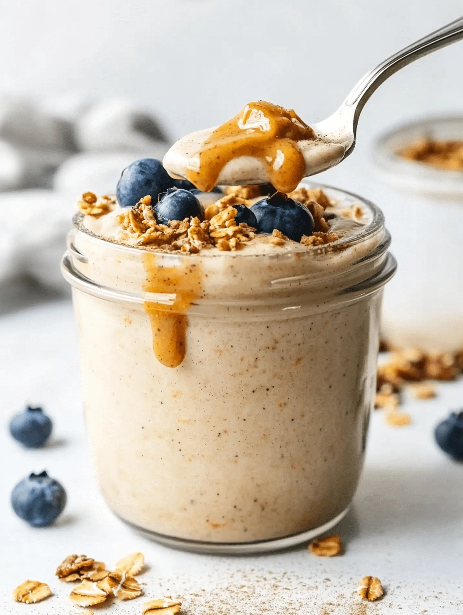 Glass jar of blended overnight oats topped with fresh blueberries, crunchy granola, and a thick drizzle of nut butter