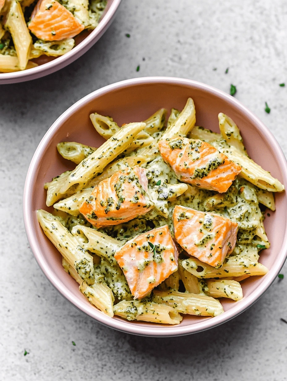 Top-down view of creamy pesto salmon penne pasta served in blush pink bowls on a light gray surface.