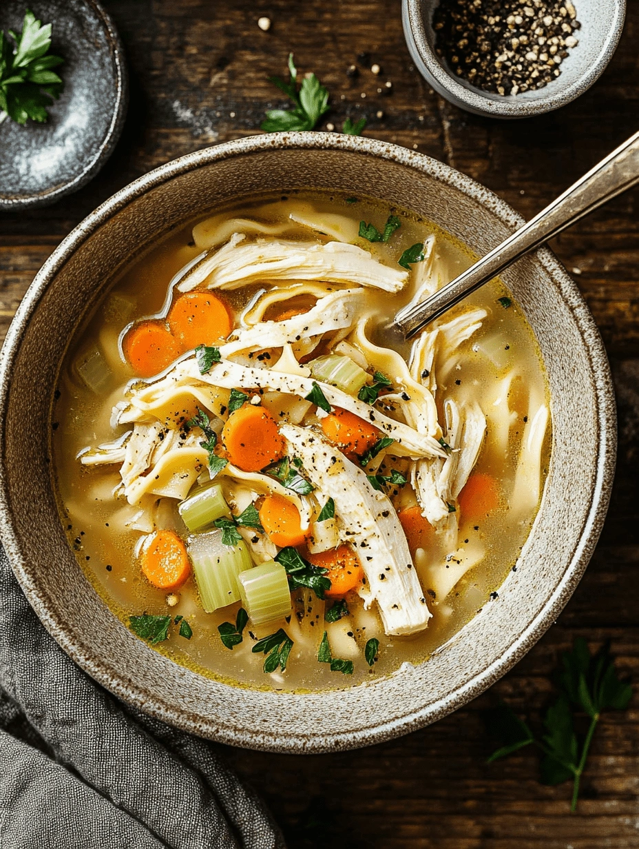 Bowl of homemade chicken soup with gluten-free egg noodles, carrots, celery, and herbs on a rustic wooden surface.