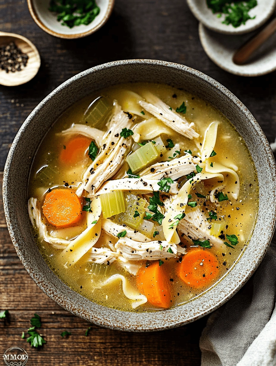 Top view of a ceramic bowl filled with gluten-free egg noodles, chicken, carrots, celery, and parsley in a clear broth on a rustic wood surface.