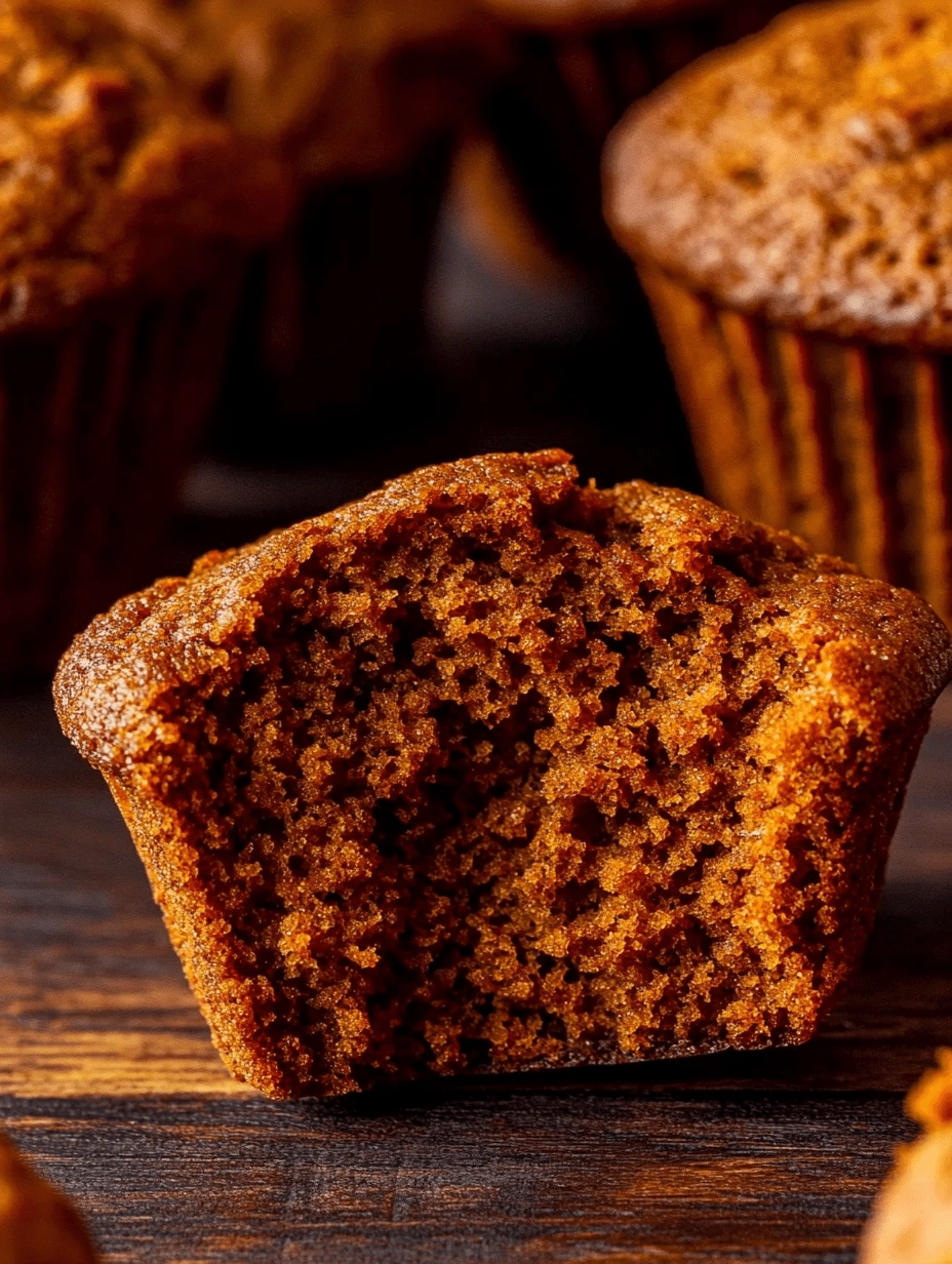 Close-up of a gluten-free pumpkin muffin cut in half to reveal moist, fluffy interior on a wooden surface.