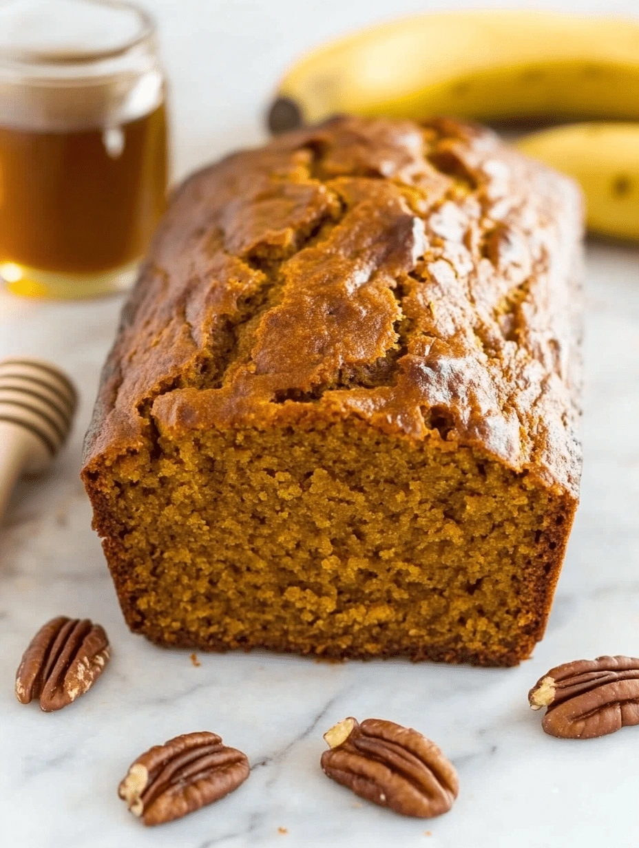 Overhead image of sliced healthy pumpkin banana bread surrounded by ripe speckled bananas, pecans, walnuts, and a jar of honey on a white marble surface.