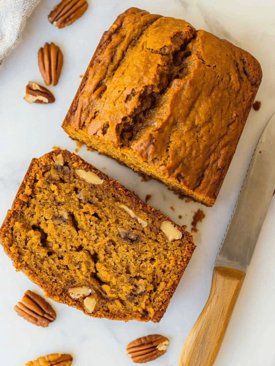 Overhead view of sliced healthy pumpkin banana bread with chopped pecans on a marble surface, with a wooden-handled knife and scattered pecan halves.