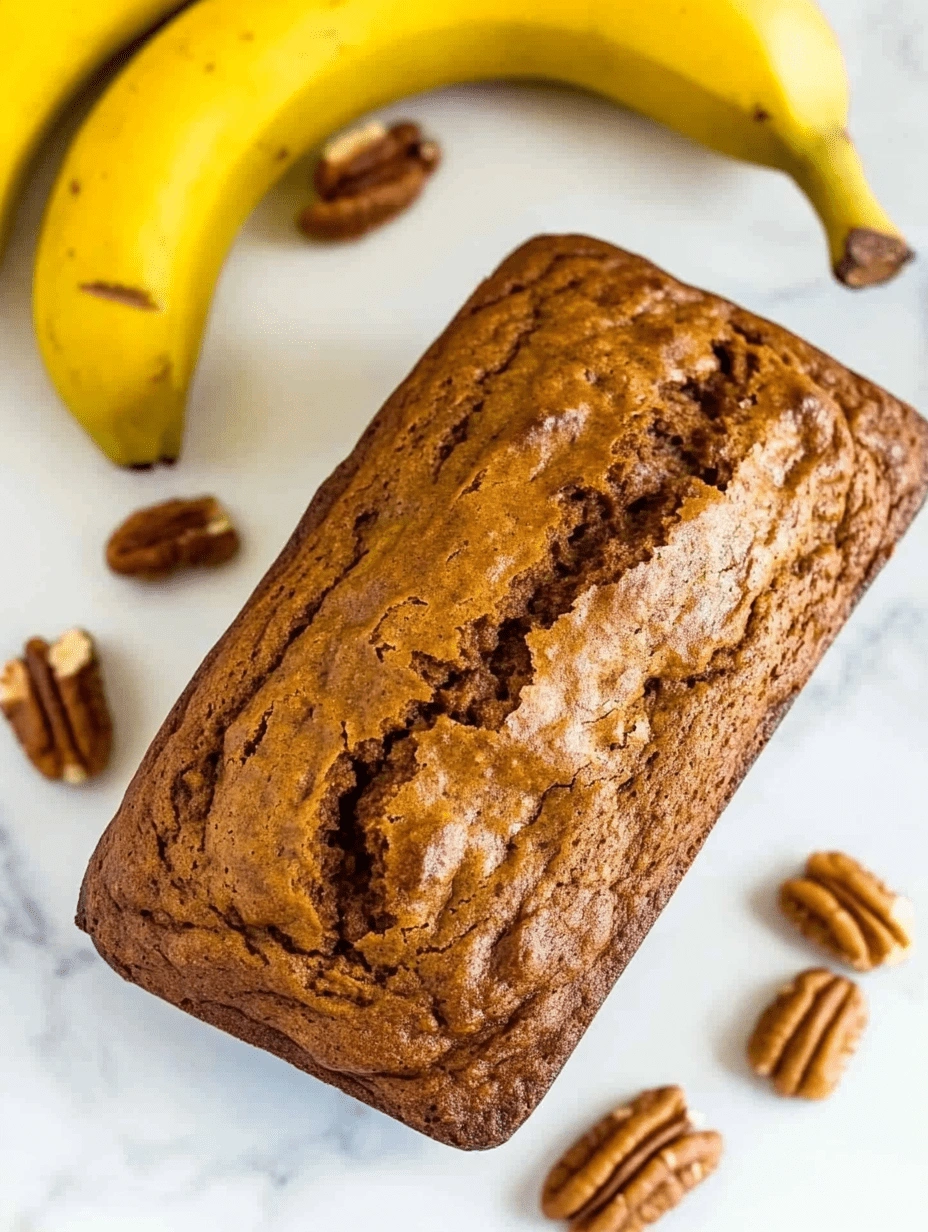 Overhead image of a whole healthy pumpkin banana bread loaf with cracked top crust, fresh bananas, and pecan halves on a light marble surface.