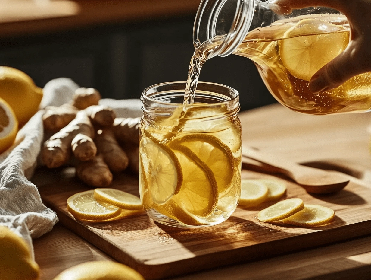Pouring honey lemon ginger tonic into a mason jar filled with lemon slices on a wooden board.
