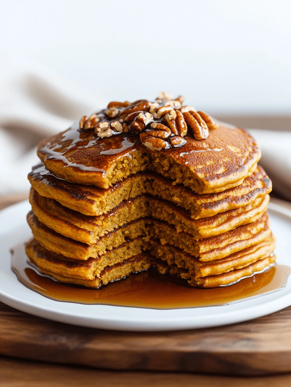 Stack of pumpkin pancakes with a center slice removed and syrup pooled on the plate