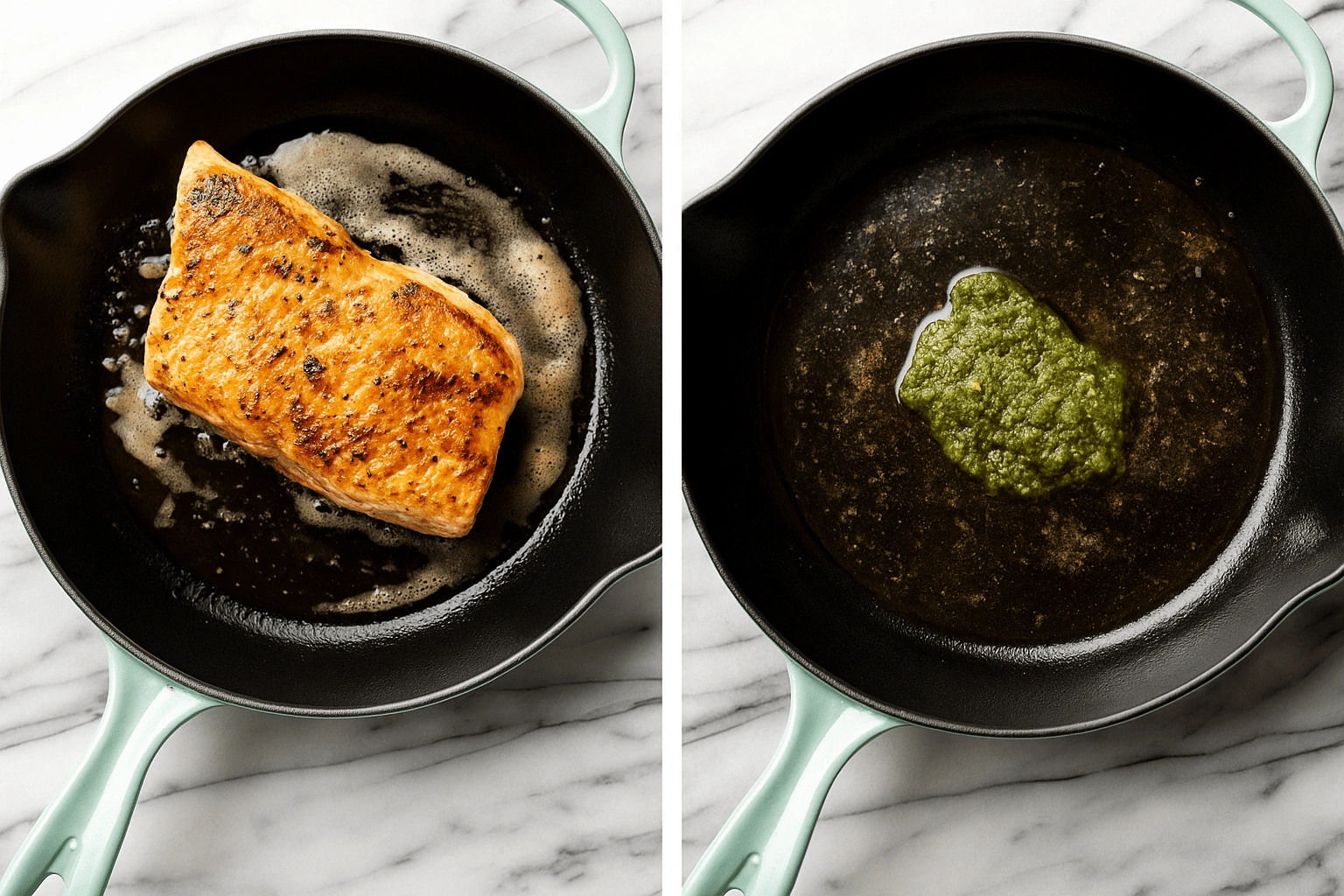 Side-by-side cooking image showing salmon searing in a skillet on the left, and pesto added to the same pan on the right.