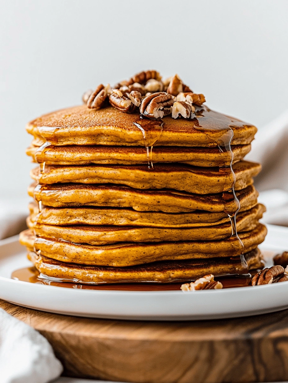 Close-up of a tall stack of golden pumpkin pancakes with syrup and pecans on top