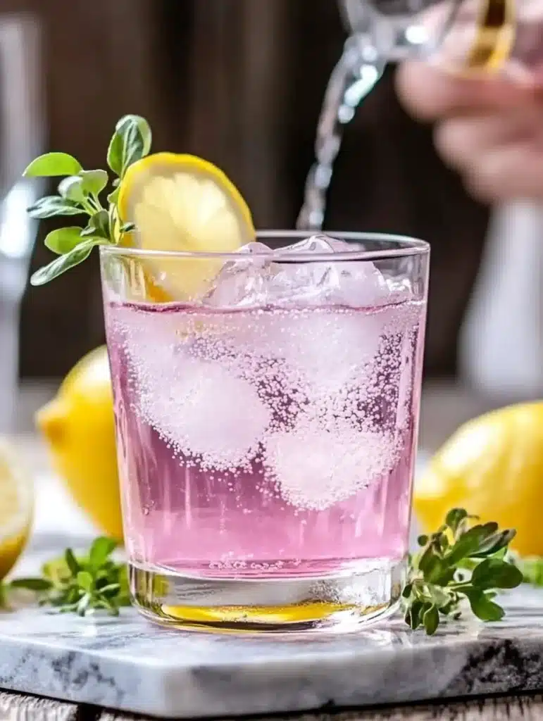 refreshing pink salt trick for weight loss drink with lemon slice and herbs