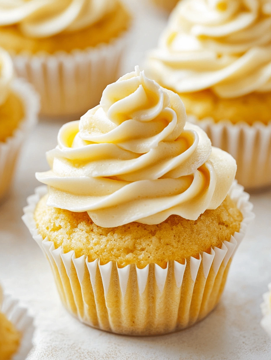 Golden vanilla cupcake with white cupcake liner and piped buttercream swirl, surrounded by more frosted cupcakes.