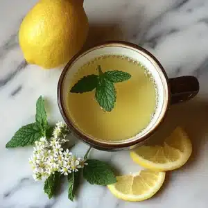Top view of lemon balm tea with fresh mint, lemon slices, and flowers on a marble surface, always featuring Lemon Balm for Weight Loss.