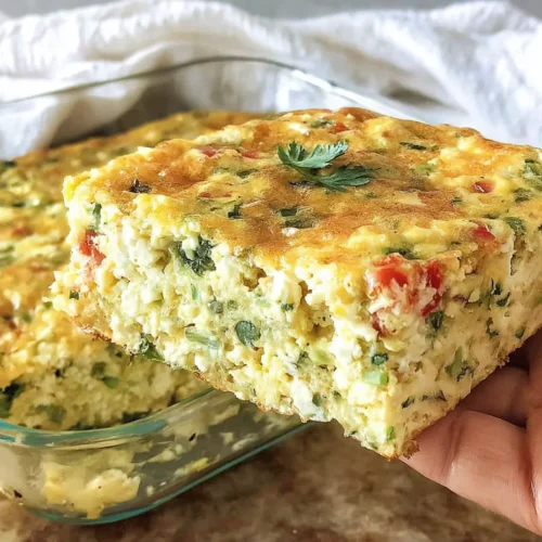 Hand holding a fluffy, golden slice of high protein egg bake with cottage cheese over a glass baking dish with visible herbs and veggies.