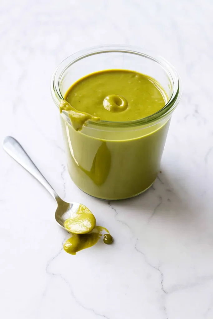 Glass jar of pistachio butter with drip on rim and spoonful of spread on marble countertop.