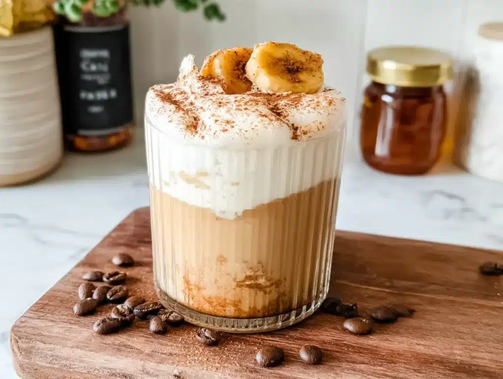 Banana Bread Latte topped with whipped cream and caramelized banana