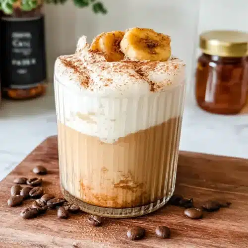 Banana Bread Latte topped with whipped cream and caramelized banana