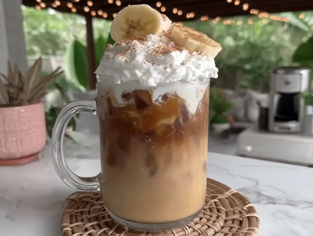 Dutch Bros Banana Bread Latte topped with whipped cream and banana slices