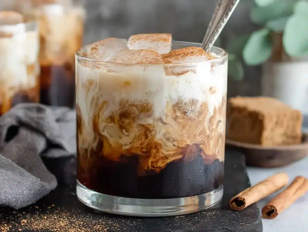 Iced Banana Bread Latte in a glass with swirled cinnamon milk and ice cubes