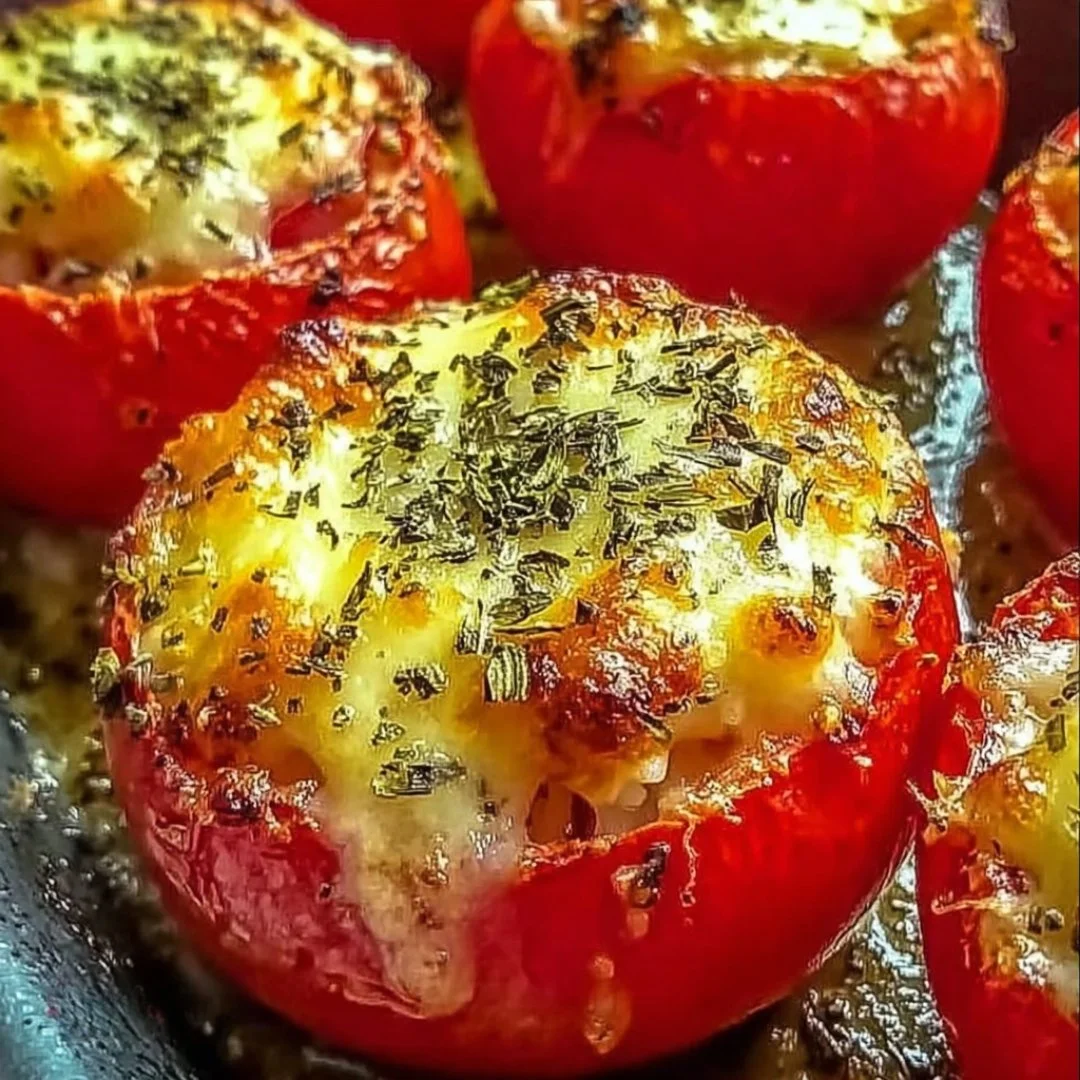 Baked cheesy stuffed tomatoes fresh out of the oven, garnished with herbs.