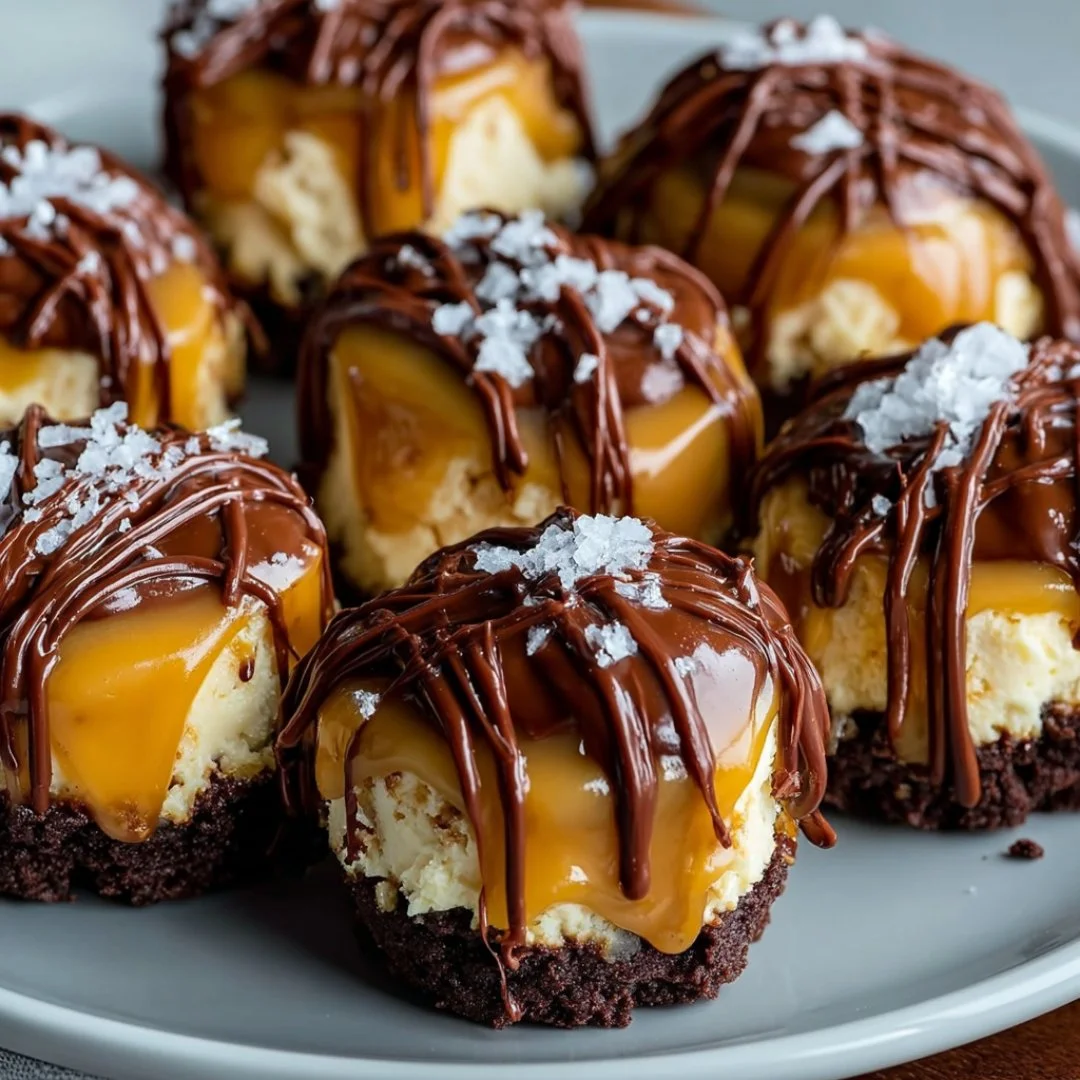 Decadent chocolate caramel cheesecake bites on a plate