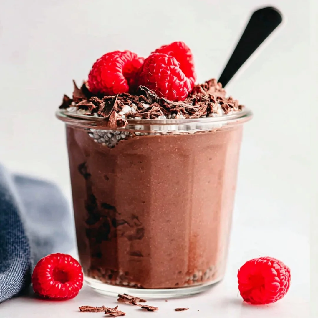 Delicious Chocolate Chia Seed Pudding with chocolate drizzle and chia seeds