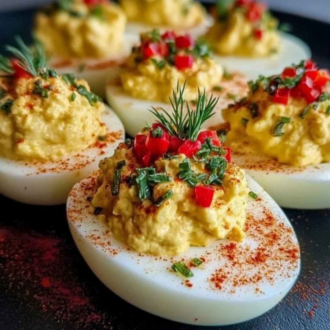 Festive Christmas deviled eggs served on a holiday platter