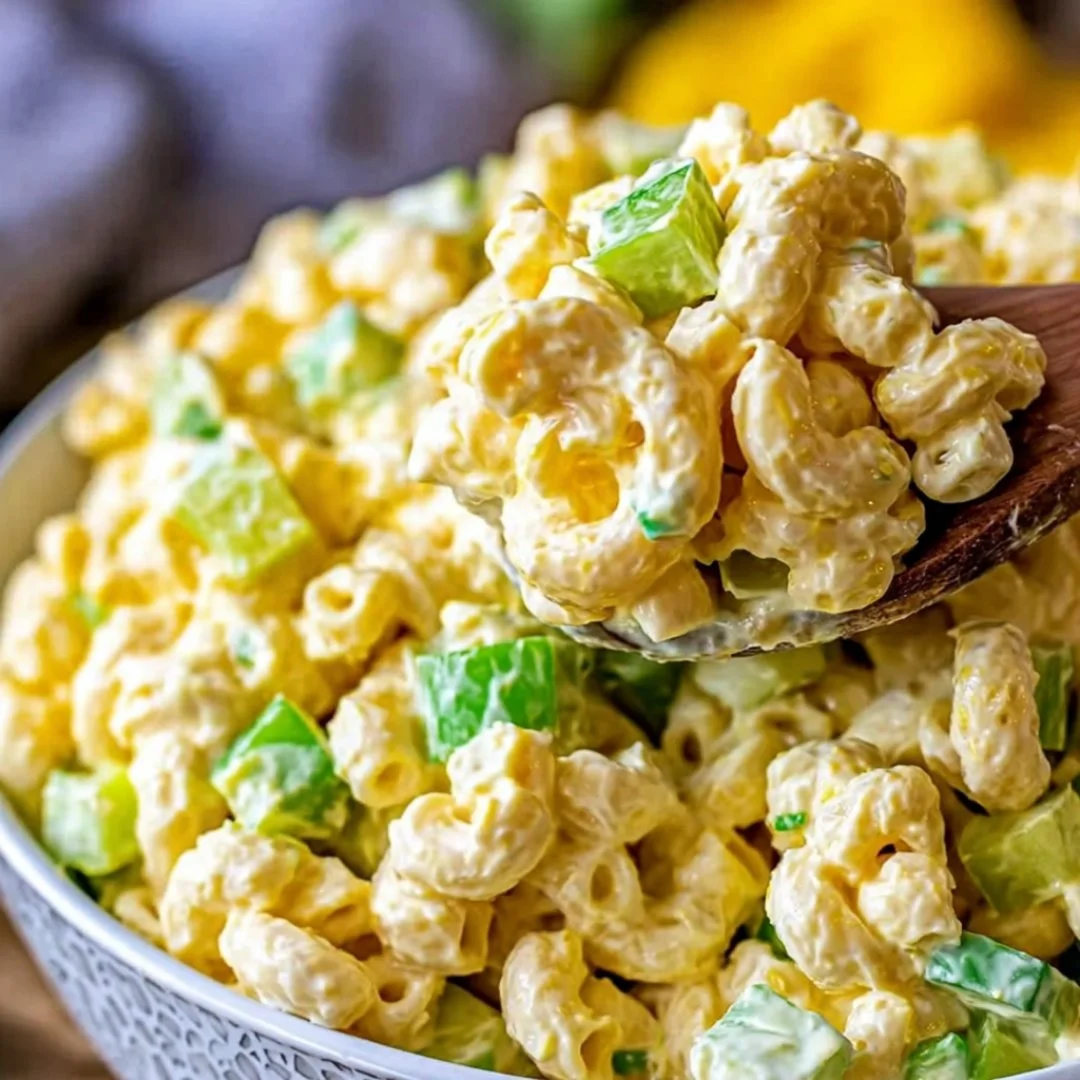 Dolly Parton's creamy macaroni salad served in a bowl