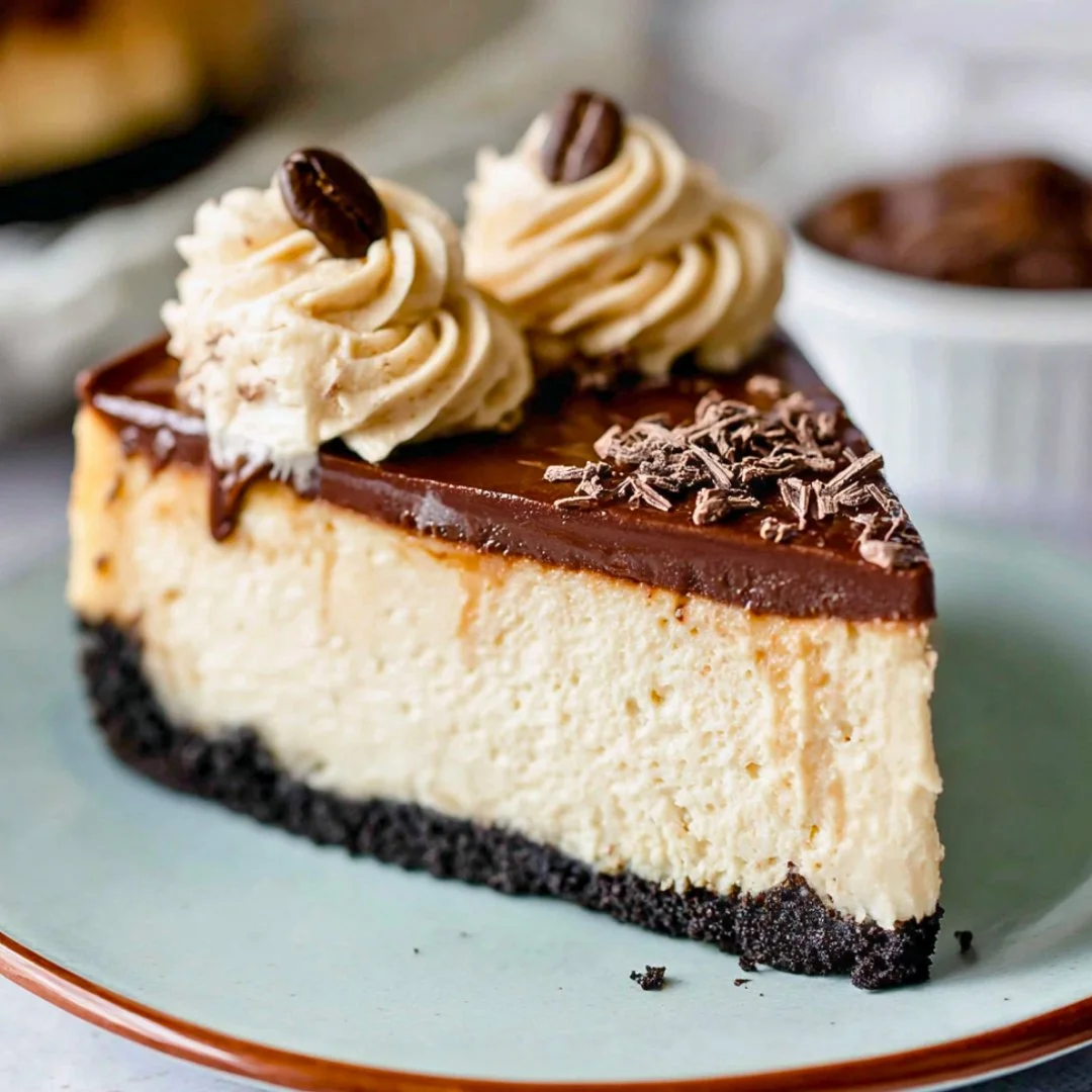 Slice of delicious Espresso Cheesecake topped with coffee beans