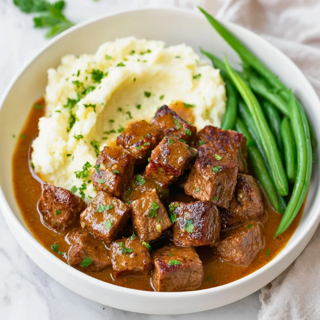 Plate of garlic butter steak bites garnished with herbs