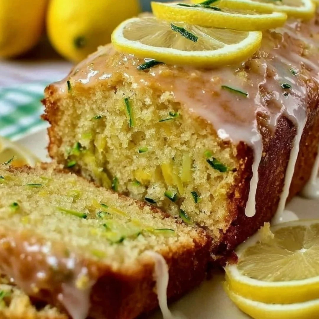 Slices of lemon zucchini cake topped with lemon icing on a plate