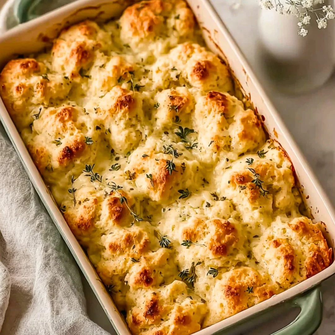 Delicious chicken and dumplings casserole served in a bowl