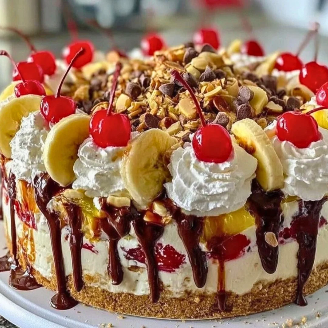 No-Bake Banana Split Cheesecake topped with bananas, whipped cream, and chocolate syrup