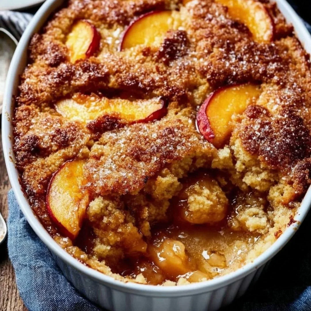 Delicious homemade peach cobbler with juicy peaches and golden crust