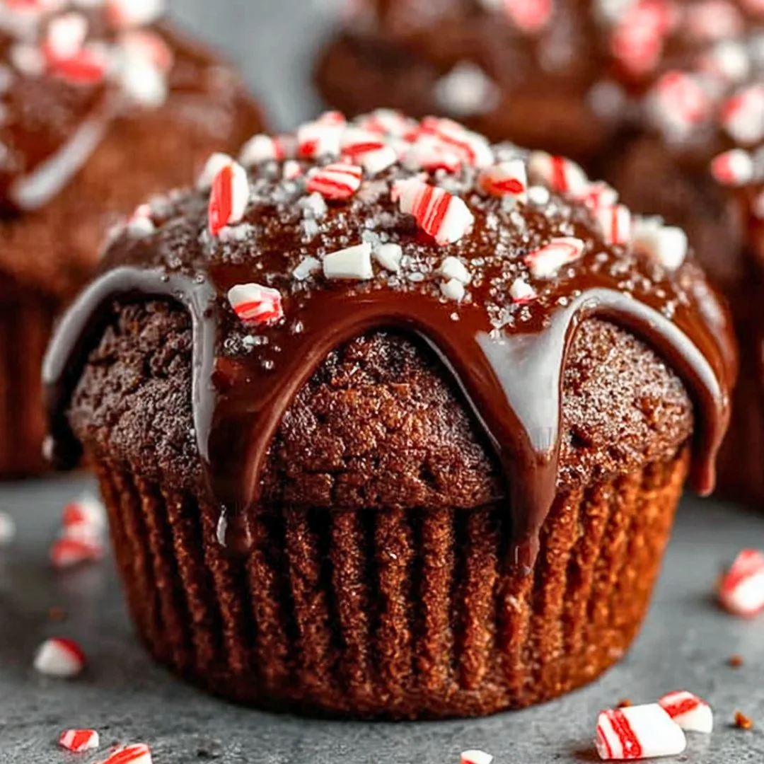 Peppermint hot chocolate muffins topped with chocolate chips and whipped cream