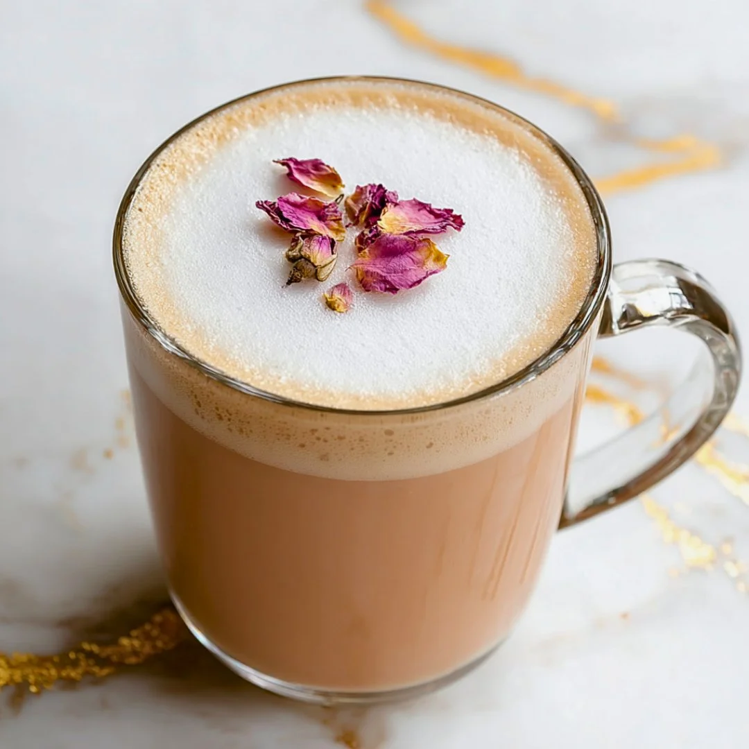 Delicious Rose Vanilla Latte topped with rose petals and creamy foam