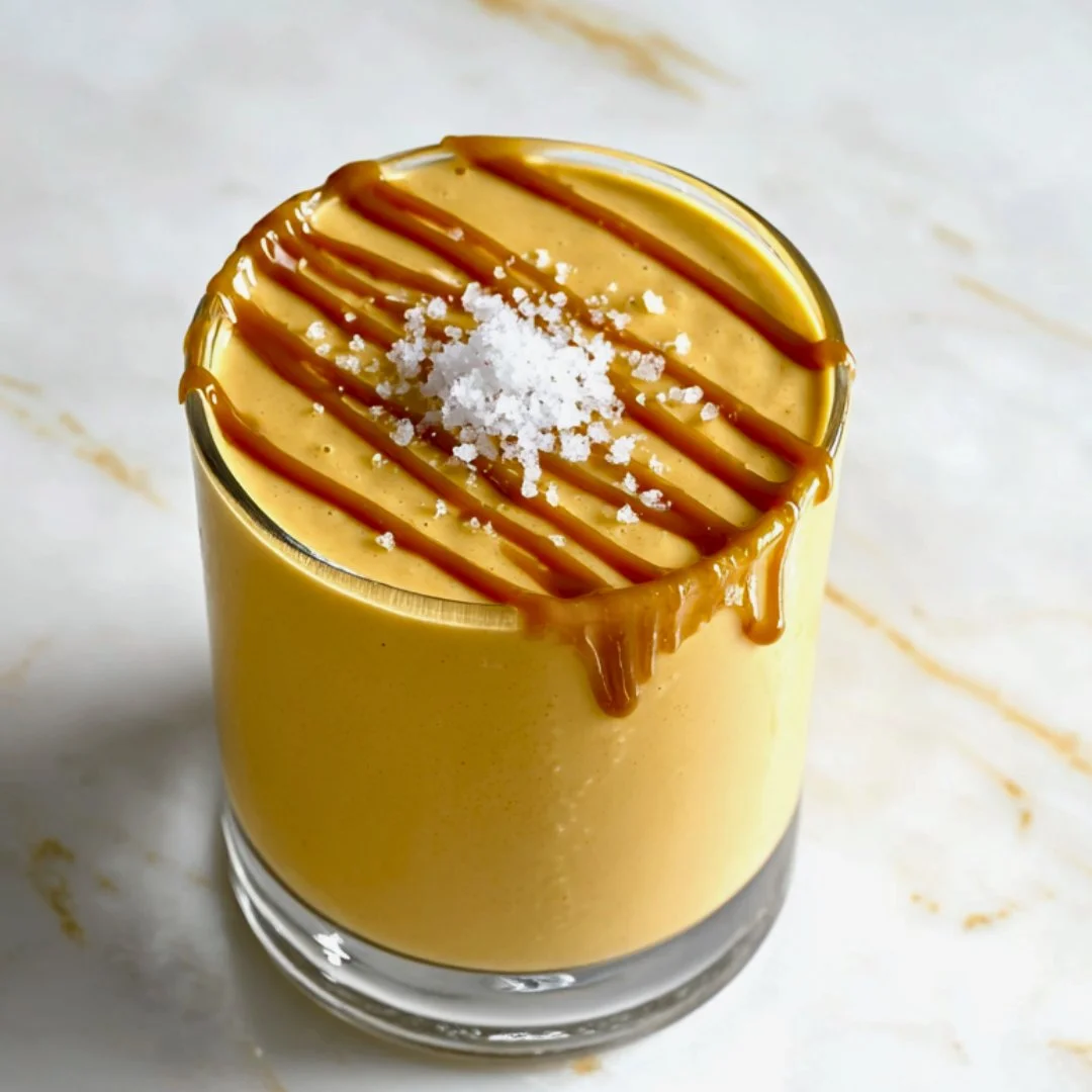 Salted Caramel Protein Shake in a glass with a spoon on the side