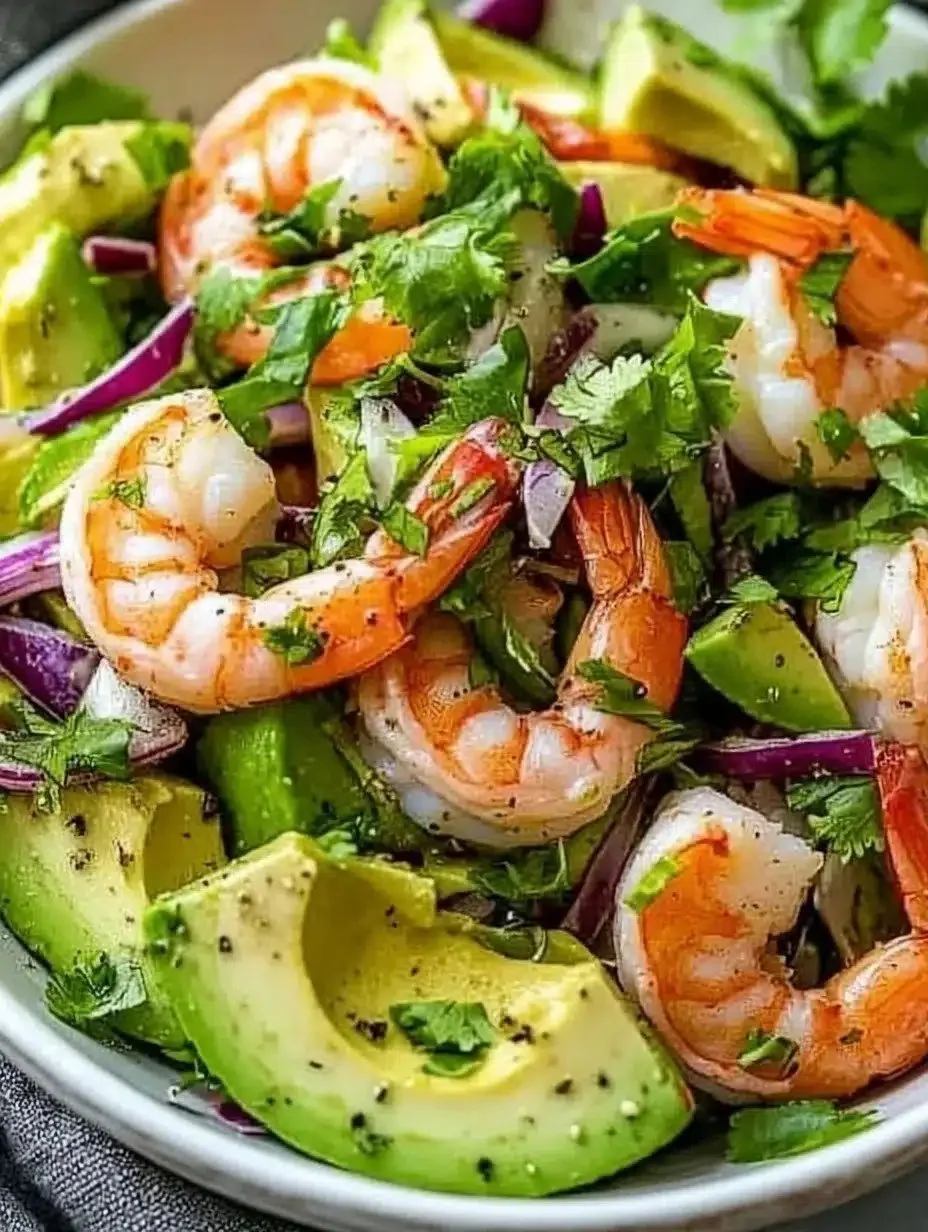 Delicious shrimp avocado salad with fresh ingredients served in a bowl