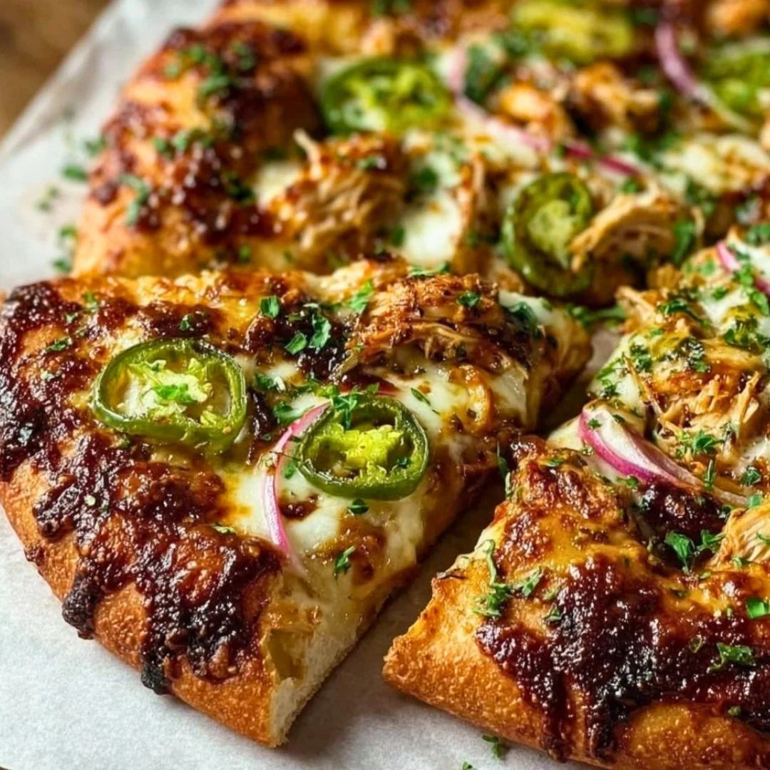 Delicious Spicy Chicken Pizza with pickled jalapenos on a wooden table