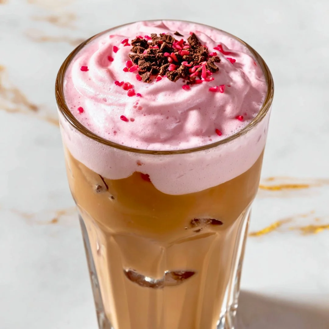 Delicious iced cherry chai latte in a glass with whipped cream on top.