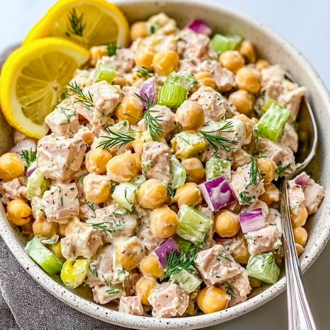Simple tuna chickpea salad with fresh vegetables and a light dressing
