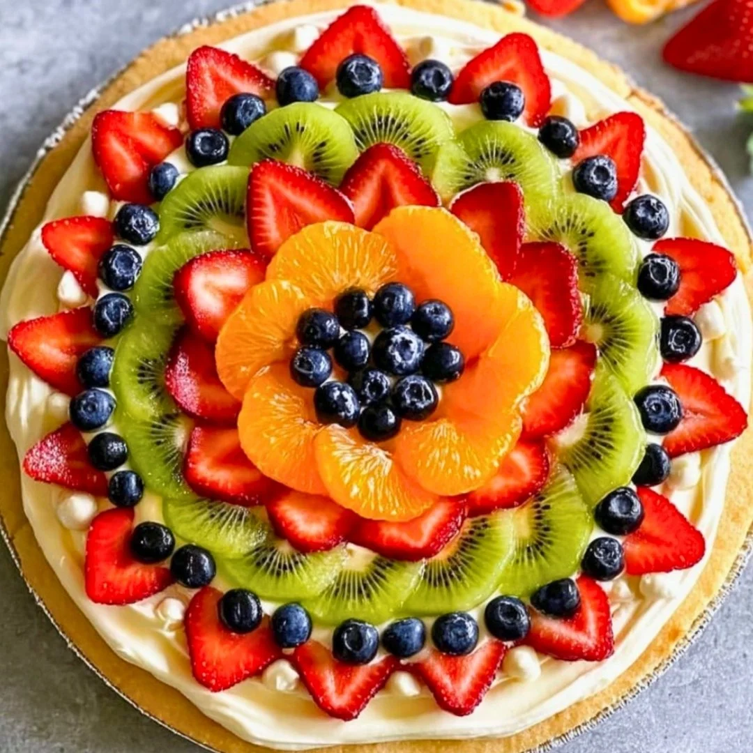 Colorful fruit pizza topped with fresh fruits like strawberries, kiwis, and blueberries.