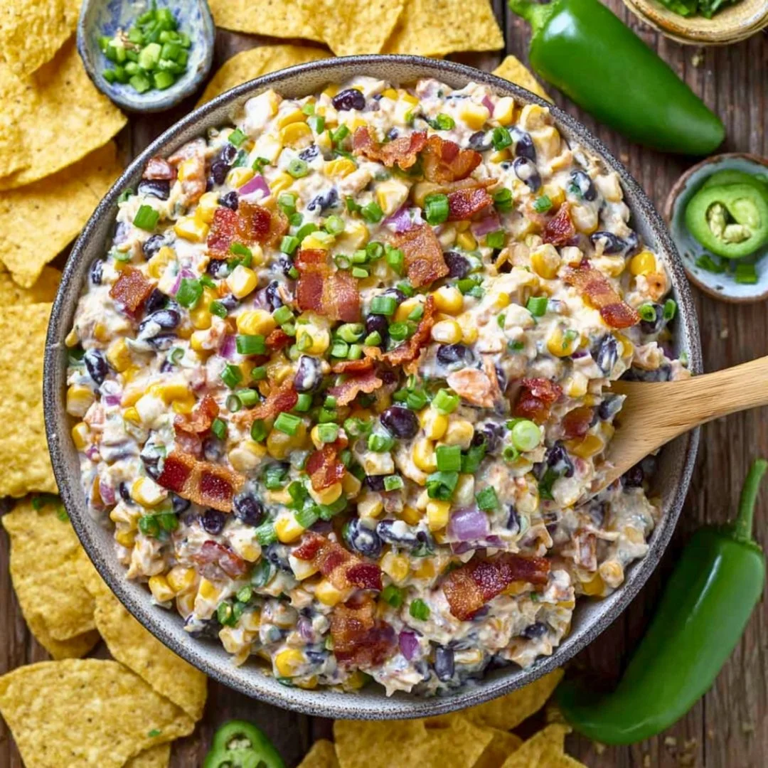 Delicious Cowboy Corn Dip served in a bowl with tortilla chips