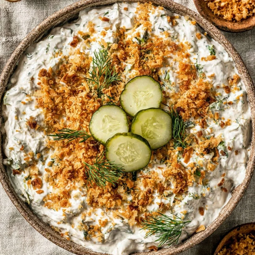 Bowl of easy fried pickle dip with crispy pickles and garnishes
