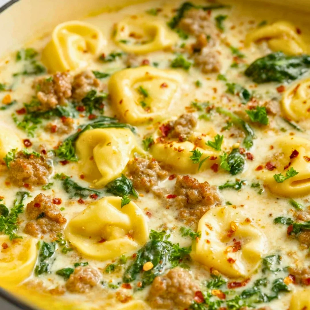 Bowl of Sausage Tortellini Soup garnished with herbs and spices