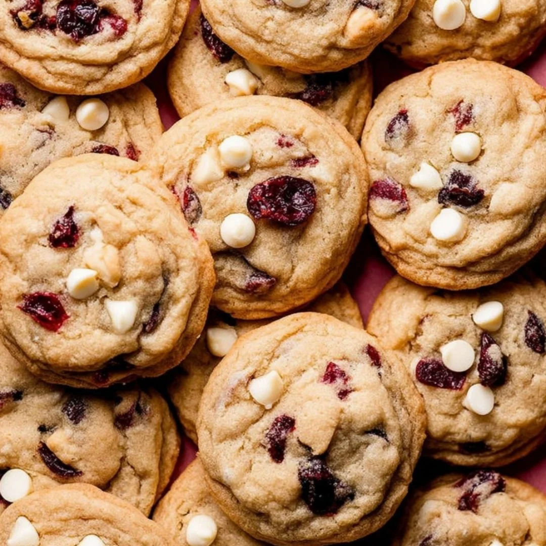 Freshly baked white chocolate chip cranberry cookies on a cooling rack