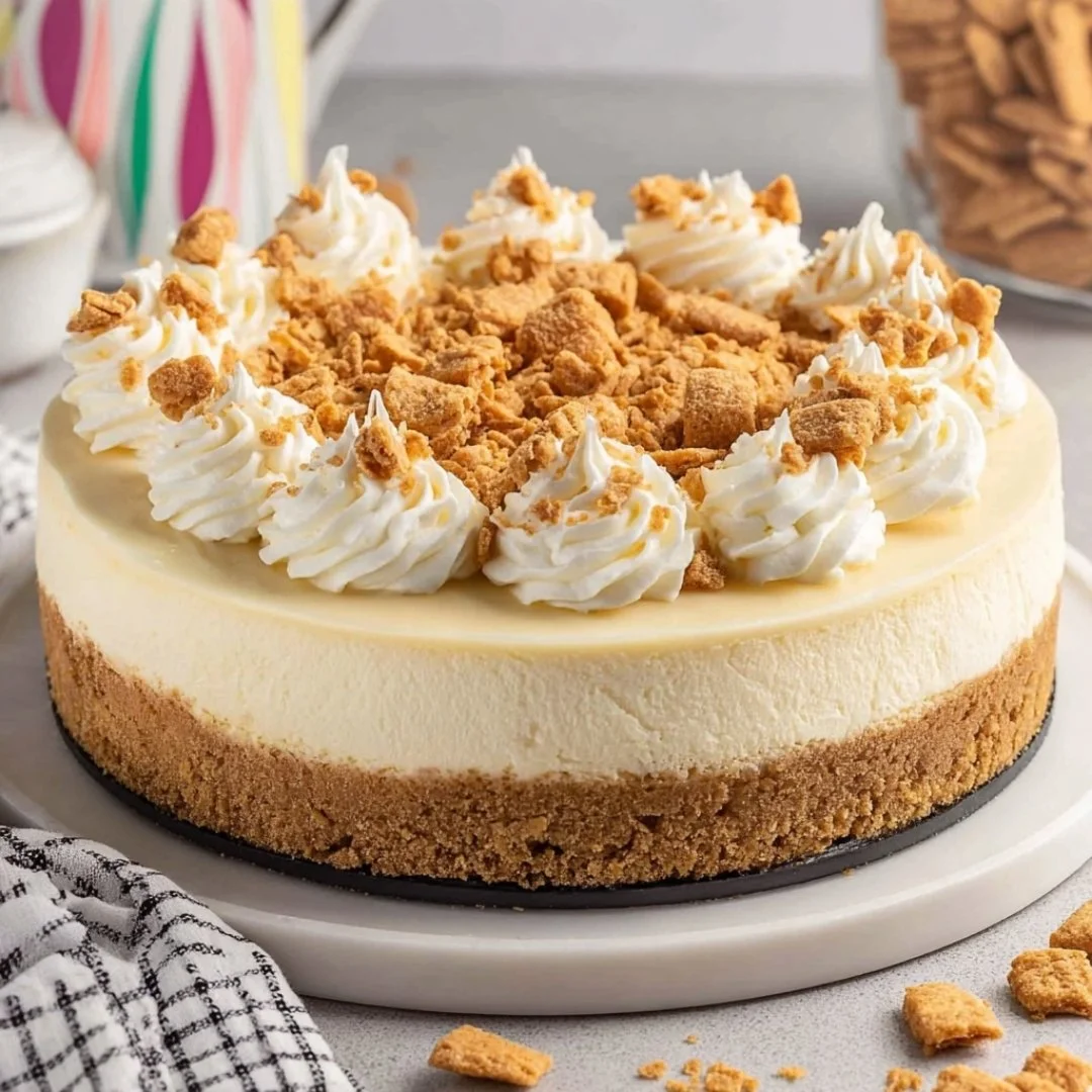 Slice of decadent Cinnamon Toast Crunch Cheesecake topped with cereal and whipped cream.
