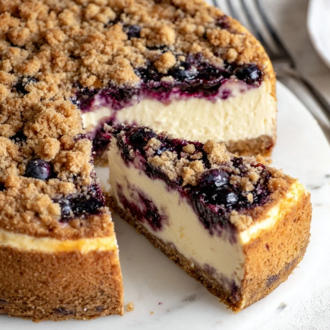Creamy blueberry cheesecake topped with fresh blueberries